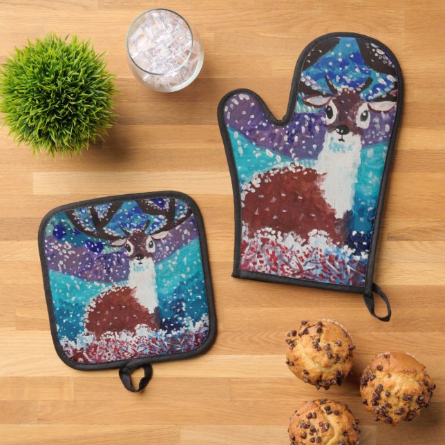 Deer in Winter Oven Mitt & Pot Holder Set (Top Down)