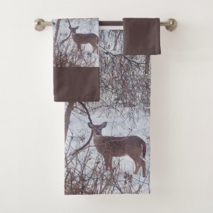 Deer in Winter Snow Brown and Grey Bath Towel Set