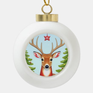 Deer in Winter Wonderland Scene Ceramic Ball Christmas Ornament