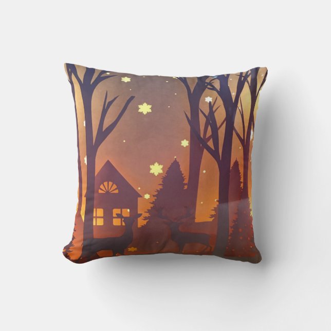 Deer in winter wood night time scene throw pillow (Front)
