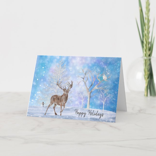 Deer In Winter Woods Holiday Card (Front)