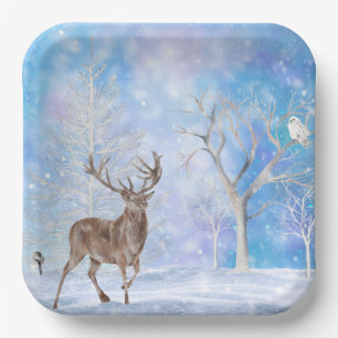 Deer In Winter Woods Holiday Paper Plate