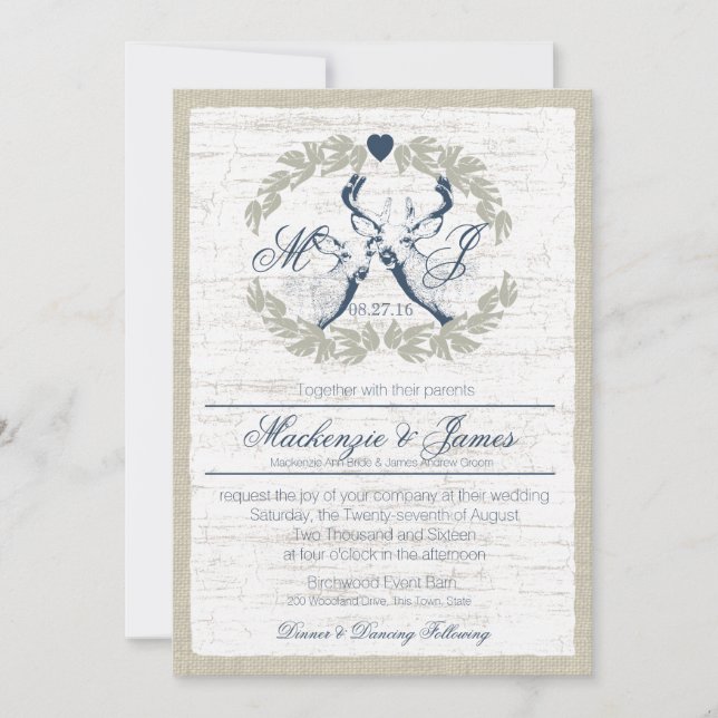 Deer in Wreath with Monogram Navy Blue Invitation (Front)