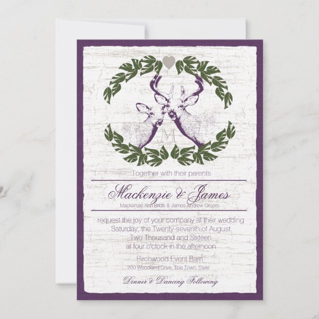 Deer in Wreath with Monogram Plum Invitation (Front)
