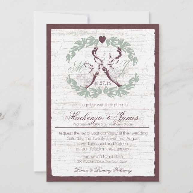 Deer in Wreath with Monogram Sage Invitation (Front)