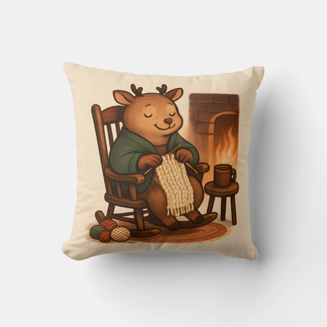 Deer Knitting Scarf Throw Pillow (Front)