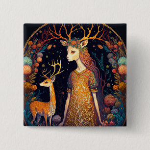 Deer Lady Fantasy Art Button