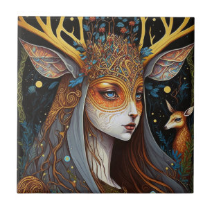 Deer Lady Fantasy Art Tile