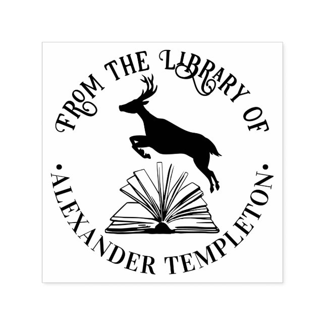 Deer Leaping Over Open Book Library Name Self-inking Stamp (Design)