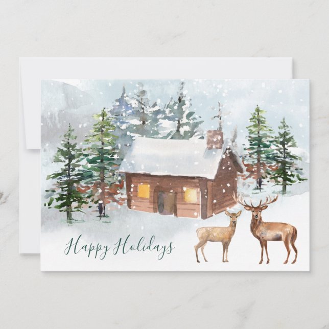 Deer, log cabin Christmas Party Flat Greeting Card (Front)