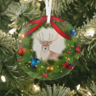 Deer looking through a Christmas Wreath Glass Ornament