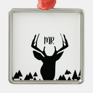 Deer Lover Black White Monogram Christmas Present Metal Ornament