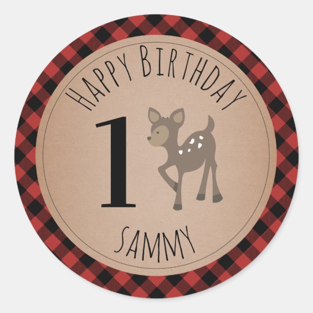 Deer Lumberjack Plaid Birthday Classic Round Sticker (Front)