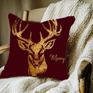 Deer/ Merry/ Gold Glitter/ Burgundy Dark Throw Pillow