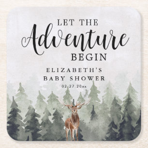 Deer Misty Pine Forest Adventure Baby Shower Square Paper Coaster