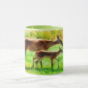 Deer Mom Doe and Baby Fawn Nature Art Mug