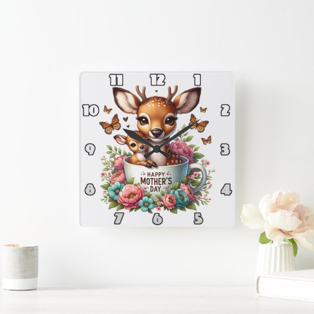 Deer Mom: Fawn, Flowers, Mother's Day Square Wall Clock (Home)