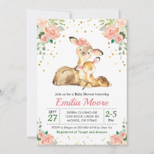 Deer Mommy and Baby Forest Shower Floral Peach Invitation