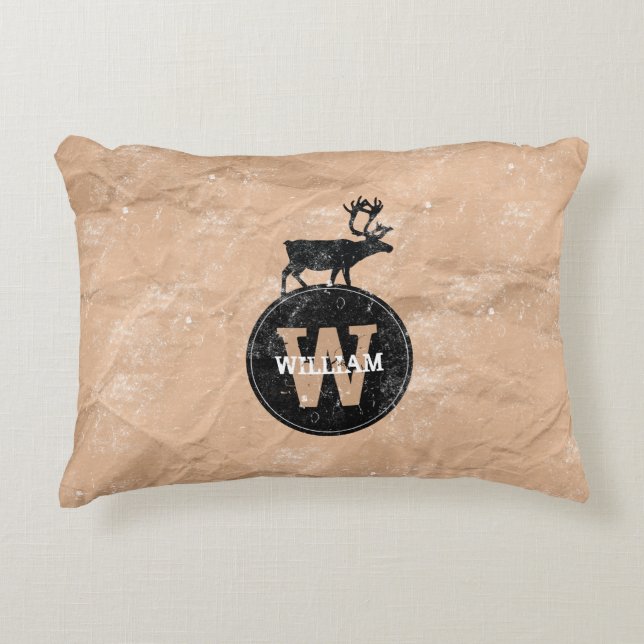 Deer Monogram Distressed Rustic Brown Kraft Paper Accent Pillow (Front)