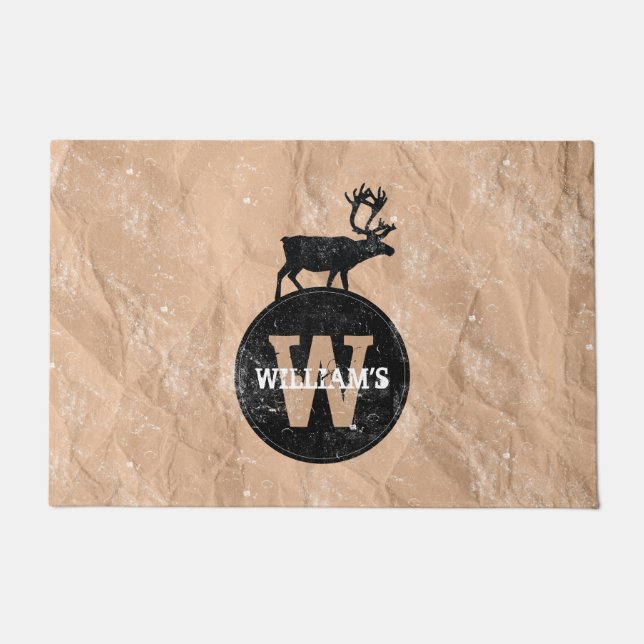 Deer Monogram Distressed Rustic Brown Kraft Paper Doormat (Front)