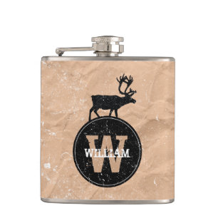 Deer Monogram Distressed Rustic Brown Kraft Paper  Hip Flask
