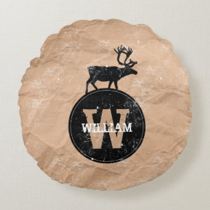 Deer Monogram Distressed Rustic Brown Kraft Paper Round Pillow