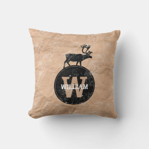 Deer Monogram Distressed Rustic Brown Kraft Paper  Throw Pillow