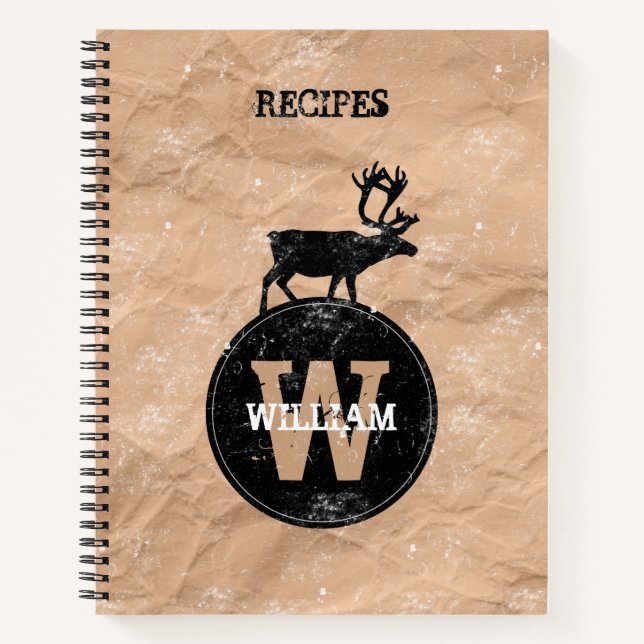Deer Monogram Distressed Rustic Brown Kraft Recipe Notebook (Front)