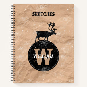 Deer Monogram Distressed Rustic Brown Kraft Sketch Notebook