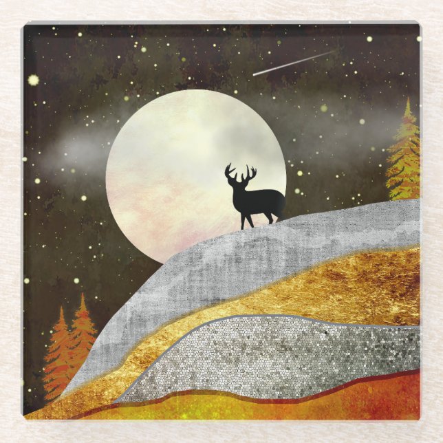 Deer Moon Landscape Glass Coaster (Front)
