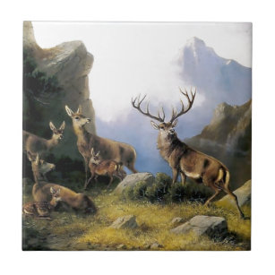 Deer mountains nature wild anomals painting tile