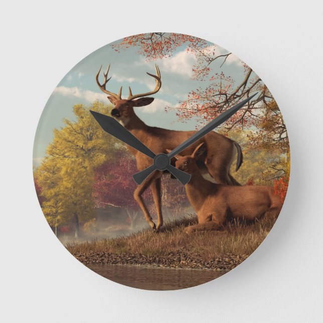 Deer on an Autumn Lakeshore Round Clock (Front)