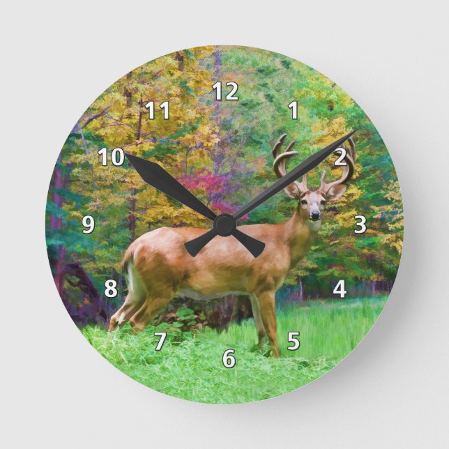 Deer on an Autumn Morning Round Clock (Front)