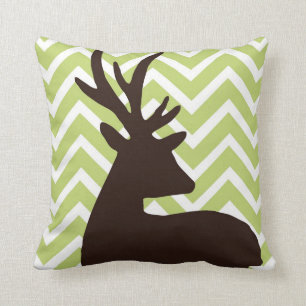 Deer on Chevron Zigzag - Green and White Throw Pillow