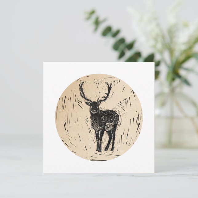 Deer on Circle Printmaking Lino-cut Art Blank Card (Standing Front)