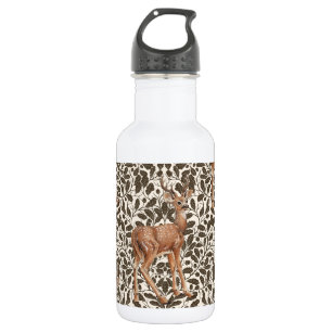 Deer on decorative oak damask pattern in brown 532 ml water bottle