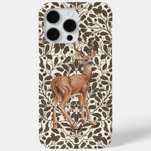 Deer on decorative oak damask pattern in brown and iPhone 15 pro max case