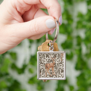 Deer on decorative oak damask pattern in brown and keychain
