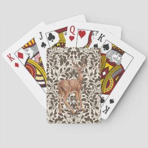 Deer on decorative oak damask pattern in brown and playing cards