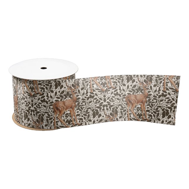 Deer on decorative oak damask pattern in brown and satin ribbon (Spool)