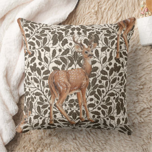 Deer on decorative oak damask pattern in brown and throw pillow