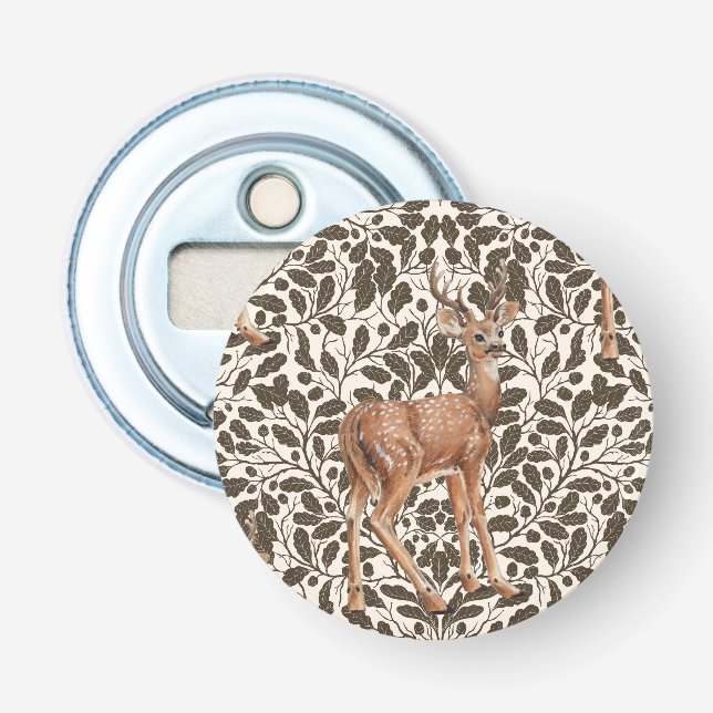 Deer on decorative oak damask pattern in brown  bottle opener (Front)