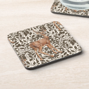 Deer on decorative oak damask pattern in brown coaster