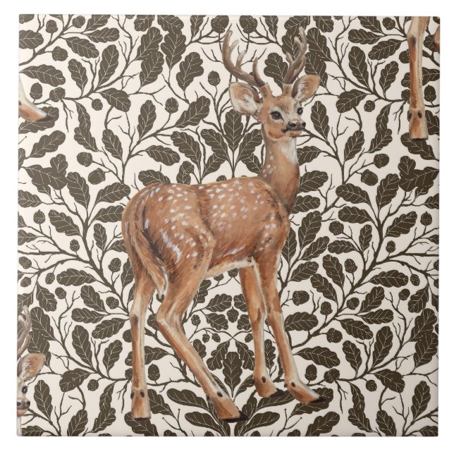 Deer on decorative oak damask pattern in brown  tile (Front)
