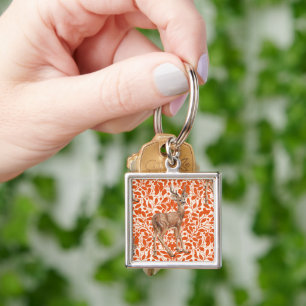 Deer on decorative oak damask pattern in dark oran keychain