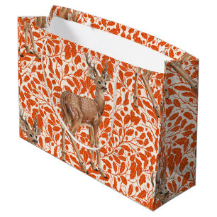 Deer on decorative oak damask pattern in dark oran large gift bag