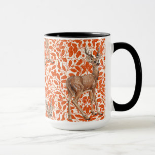 Deer on decorative oak damask pattern in dark oran mug
