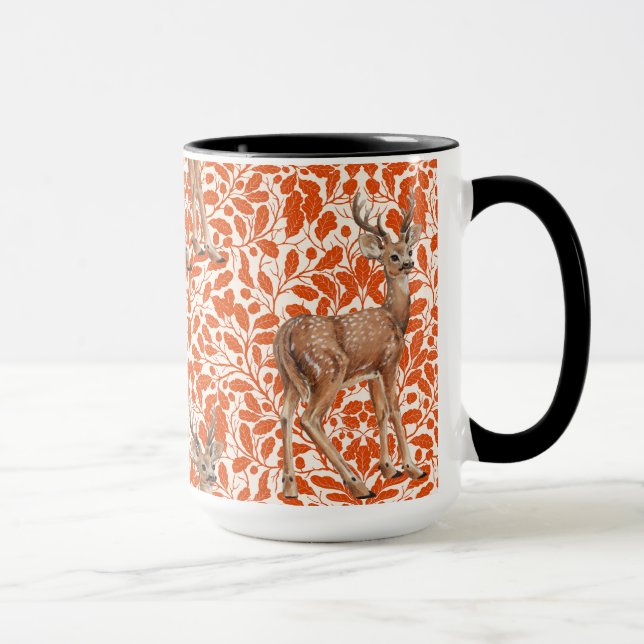 Deer on decorative oak damask pattern in dark oran mug (Right)