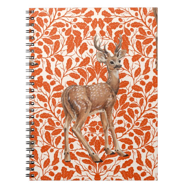 Deer on decorative oak damask pattern in dark oran notebook (Front)