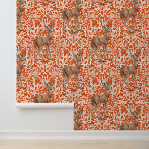 Deer on decorative oak damask pattern in dark oran wallpaper